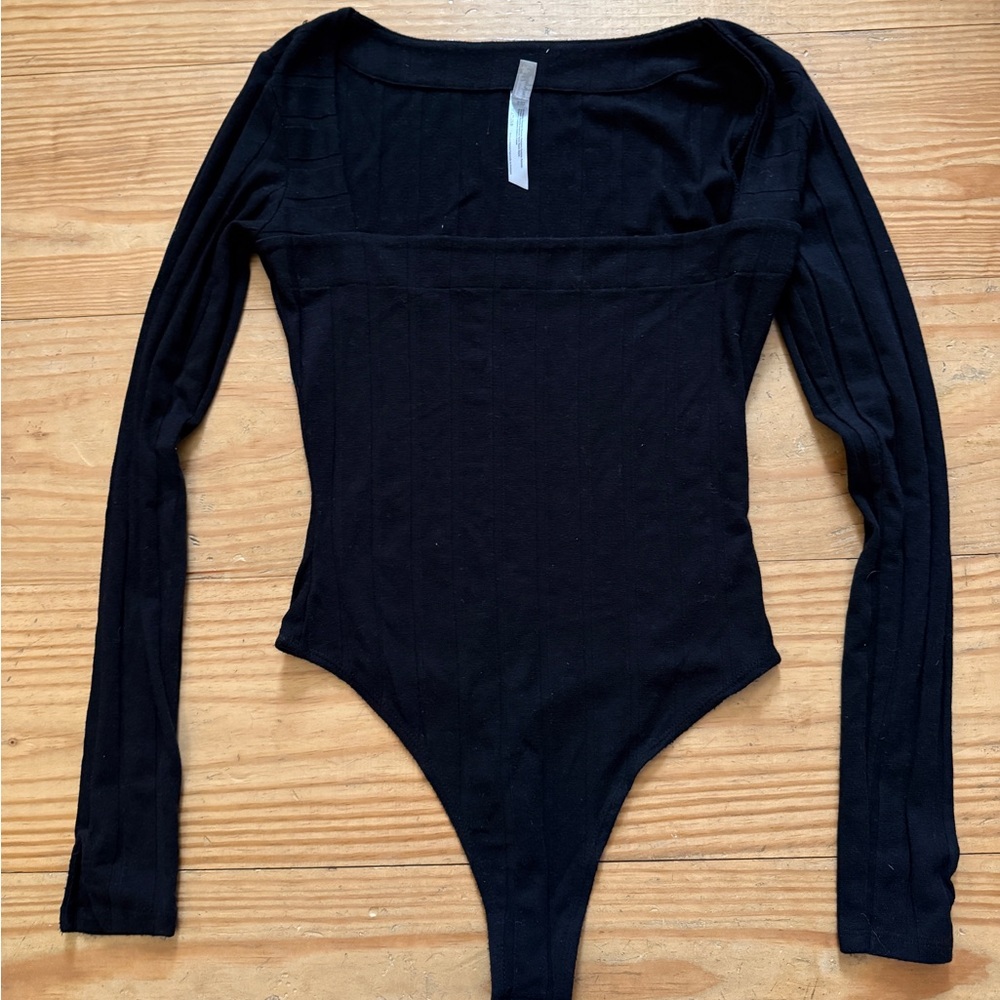 NWOT Free People Black Stripe Textured Thong Bodysuit with Square Boat Neck